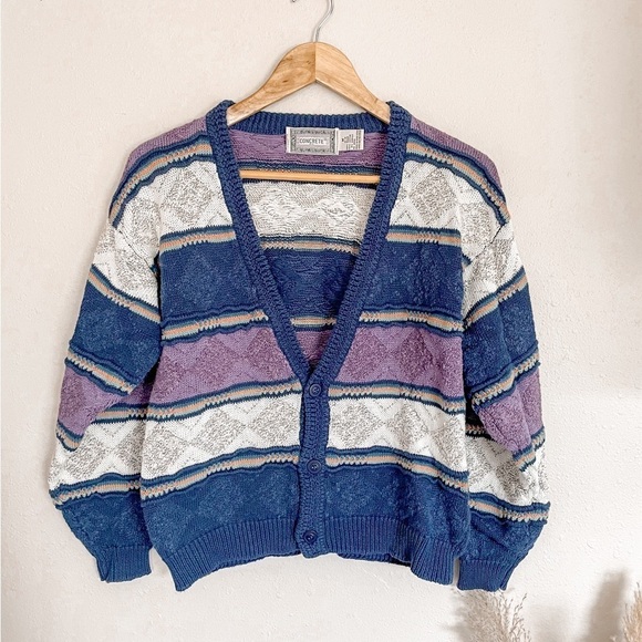 Vintage Sweaters - VIntage 90's Chunky Knit Textured Slouchy Striped Cardigan